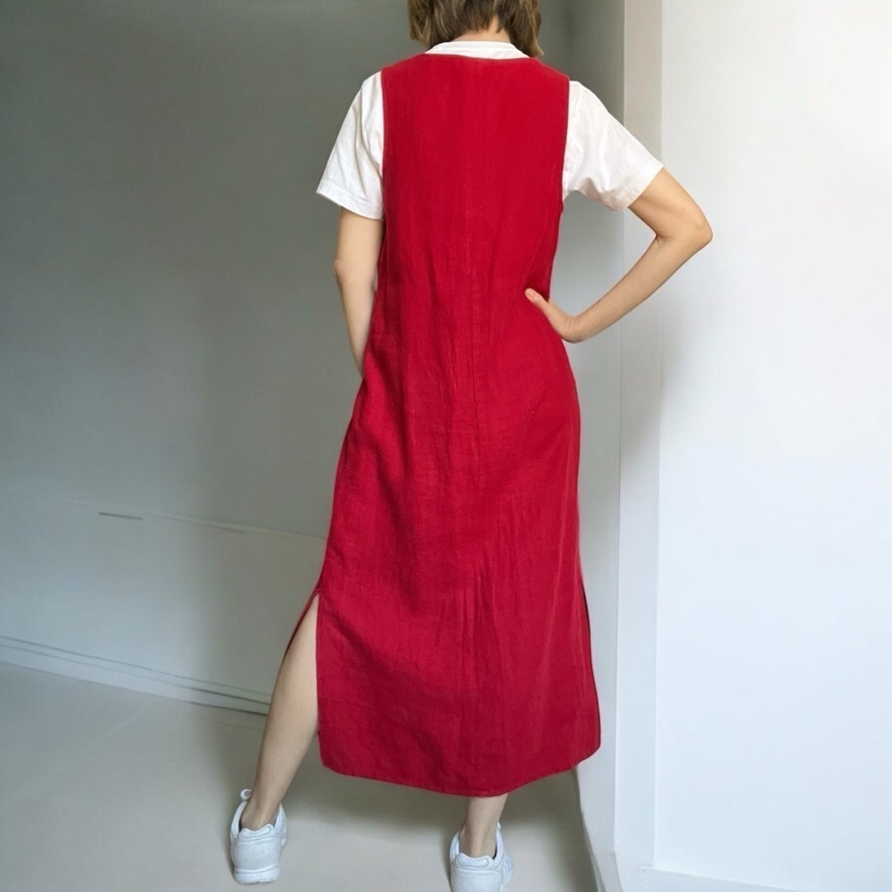 VTG 90s Red Linen Column Dress Lagenlook Coastal Grandma Midi Pinafore Dress 6 - Picture 4 of 10